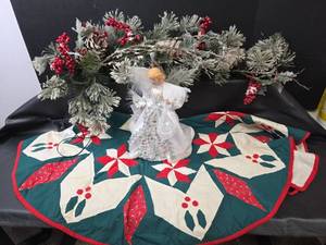 lot 478 image: Tree Topper Angel, Star Pattern Tree Skirt, and Frosted Greenery with Berries and Pinecones