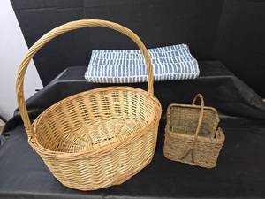 lot 481 image: Woven Basket Set with Blue Striped Shower Curtain