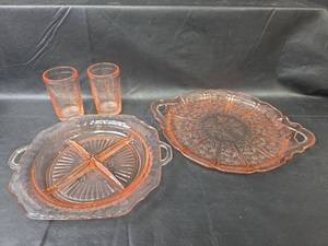 lot 499 image: Pink Depression Glass Set - Jack & Jill Glasses and 2 Serving Plates