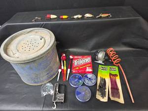 lot 508 image: Fishing Tackle Collection with Metal Minnow Bucket