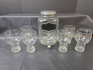 lot 510 image: Gallon Glass Drink Jar with Chalkboard Label and 6 Glasses