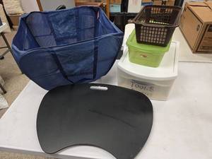 lot 633 image: Storage Container Set with Lap Desk, and Laundry Hamper