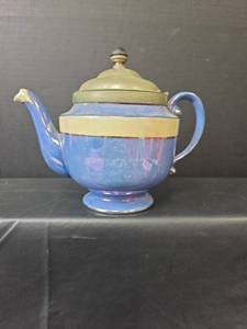 lot 647 image: Vintage Japanese Lusterware Teapot With Blue and Pearlized Finish, Brass Lid, and Connected Tea Ball