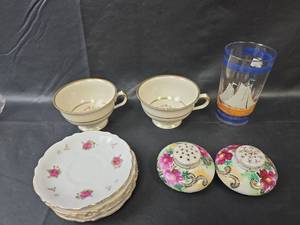 lot 665 image: 2 Antique Hand Painted salt & Pepper Shakers, 2 German Mugs, Saucers, and More