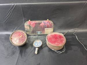 lot 684 image: Vintage AutoTractor Lights, Mirror, and Tire Pressure Gauge Set