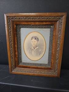 lot 723 image: 1800s Oval Victorian Portrait in Ornate Wood Frame from Burns Ks