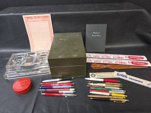 lot 724 image: Antique Office Supplies- Shaw-Walker Card File System, Clear Glass Double Inkwell, Advertising Ink Pens, and More