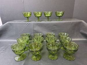 lot 726 image: Vintage Bartlett Collins Manhattan Bullseye Green Indiana Glass Sherbet Cups - Set of 16
