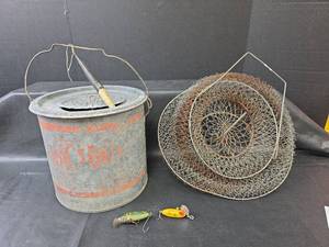 lot 730 image: Old Fishing Minnow Bucket with Wire Baskets and Lures