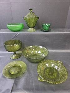 lot 734 image: Anchor Hocking Avocado Green Grape Harvest Depression Glass Candy Dish and Other Avocado Green  Dishes