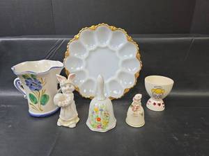 lot 739 image: Vintage Anchor Hocking Milk Glass Deviled Egg Plate with 22k Gold Trim and Easter Collectibles