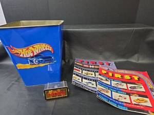 lot 743 image: Hot Wheels Collection with Firebird in Display Case, Trash Can, and 2 Posters