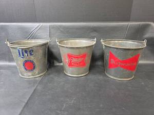 lot 755 image: Miller Lite and Budweiser Metal Beer Buckets Set of 3