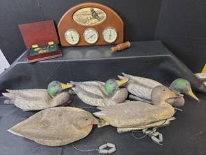 lot 765 image: Hunting Collection - Duck Decoys, Weather Station, Duck Call,  & Gold Keychain Set