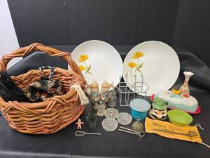lot 769 image: Pioneer Woman Butter Dish,  Lynns Ambroise Dinnerware, English  Charlotte Royal Crownford Ironstone Bud Vase, and More