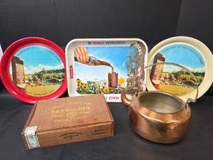 lot 790 image: 1960s Coca-Cola and  Mississippi Headwaters Serving Trays & Cigar Box Set