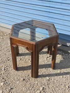 lot 72 image: Hexagonal Wood and Glass Side Table