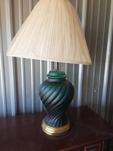 lot 84 image: Spiral Green Glass Table Lamp with Pleated Shade 32in Tall