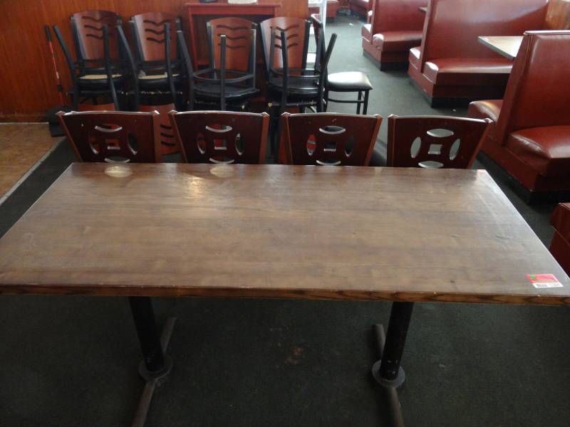 lot 5304B image: Laminate Wood Table with 2 Metal Bases