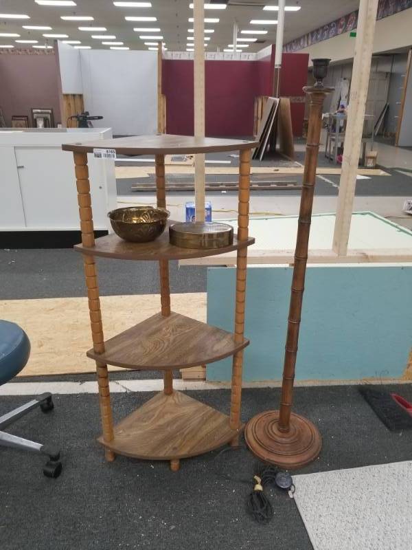 lot 8165 image: Vintage Corner Shelf and Stand Up Lamp contents included