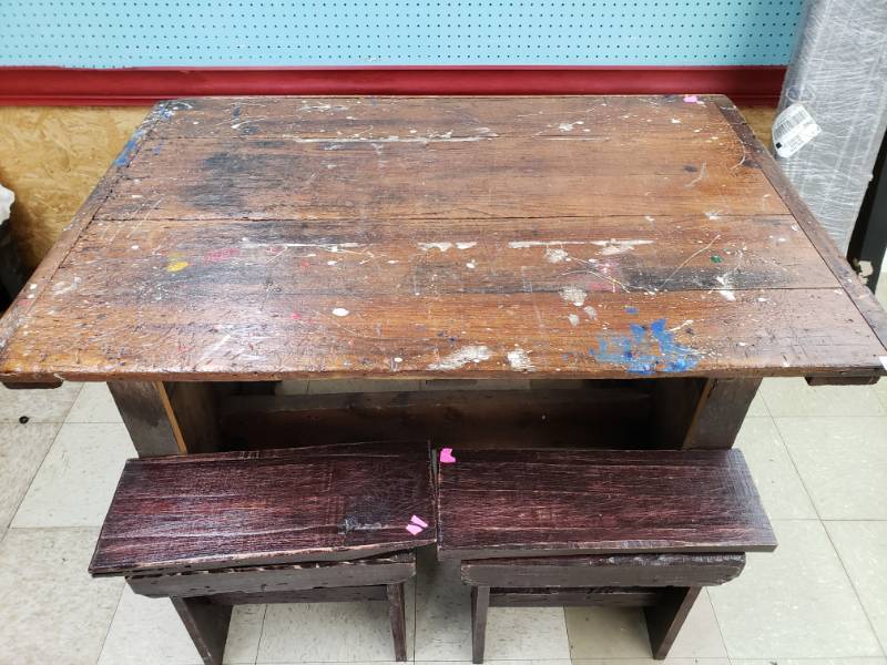 lot 8111 image: Antique Hand Made Wooden Table and Stools