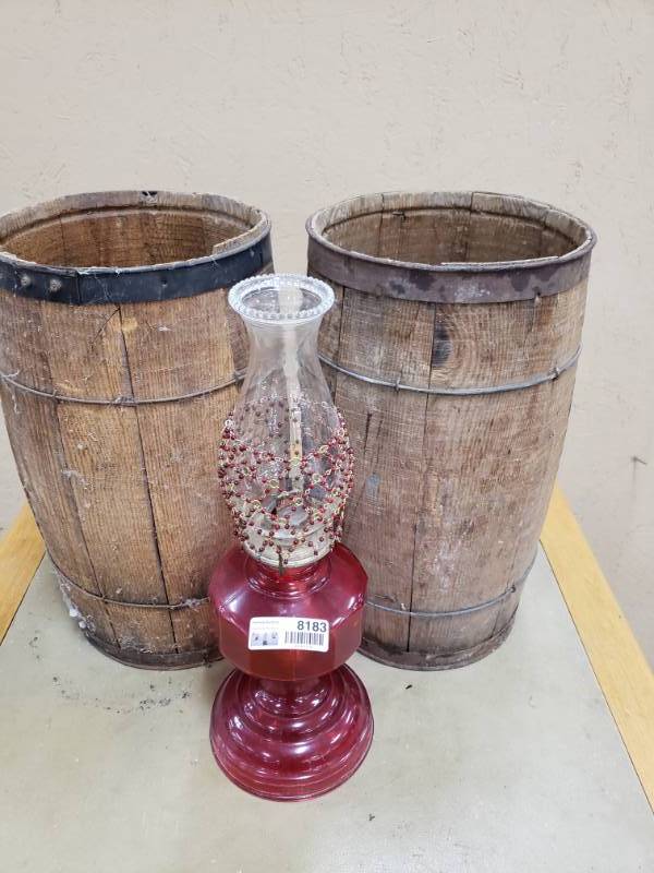 lot 8183 image: Antique Barrels and Vintage Lantern