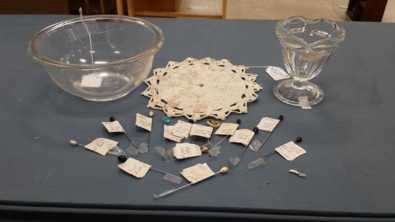 lot 8084 image: Lot of Pins, Glassware, and Knitted Hot Pad