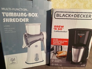 lot 137 image: Tumbling Box Food Shredder and Brew N Go Coffeemaker - Both New in Box