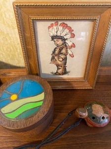 lot 276 image: Native American Boy in Frame, Inlaid Trinket Dish and Turtle Whistle Flute