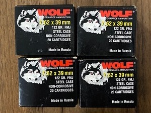 lot 43 image: Ammo - Wolf, Made in Russia, 7.62x39mm 129 Grain FMJ Steel Case Cartridge (4 Boxes)