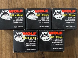 lot 44 image: Ammo - Wolf, Made in Russia, 7.62x39mm 129 Grain FMJ Steel Case Cartridge (5 Boxes)