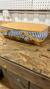 lot 568 image: Longaberger Casserole Basket with Blue Striped Liner, Lid, and divider