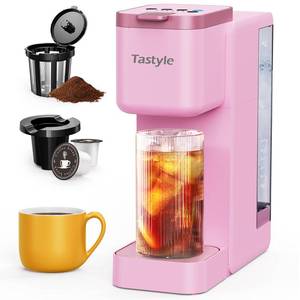 lot 1397 image: Tastyle Single Serve Hot and Iced Coffee Maker with Strong Brew, 40oz Removable Reservoir, 6 Brew Sizes, Compatible with K Cup and Grounds, Compact for Home, Office, RV and Dorm, Pink (2.0 Version)