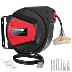 lot 1398 image: Himimi Retractable Extension Cord Reel, 50FT 14AWG3C Power Cord Reel for Garage Workshop, WallCeiling Mounted Extension Cord Reel, 3-Lighted Triple Outlets, UL Listed, 13A Circuit Breaker