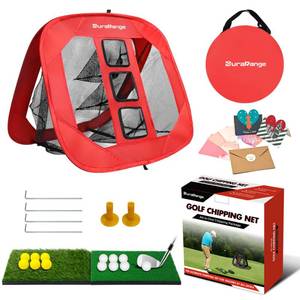 lot 1421 image: DuraRange Foldable Golf Chipping Net Set - Ultimate Target Training Chip Aids and Golf Gift - Includes 2 Hitting Mats, 6 Real Practice Balls, 6 Foam Balls - Red