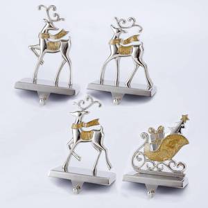 lot 1425 image: Cesdai Reindeer and Sleigh Stocking Holder Set for Mantle Set of 4,Deer Stocking Hangers for Firepiece,Christmas Decorations Mantel Hanger for StockingGarland (Silver with Gold)