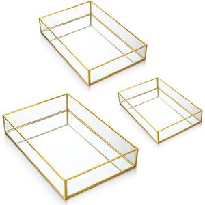 lot 1426 image: Jetec 3 Pieces Mirror Tray Metal Vanity Rectangle Octagon Perfume Makeup Cosmetic Dresser Tray for Dresser Bedroom Bathroom Hotel, 3 Sizes(Gold)