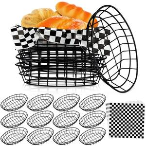 lot 1448 image: Hushee 12 Pcs Wire Bread Basket Bulk 9.5x6.2x2.2 Inch Oval Metal Dinner Roll Baskets for table Serving Fruit Bowl with 50 Checked Deli Paper Liners for Restaurant Kitchen Fast Food