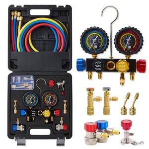 lot 1449 image: WISSCOOL AC Gauge Set R410a R134a R22, Automotive 4 Valve AC Manifold Gauge with 5ft Hoses, Quick Couplers, Adapters, Puncturing Can Tap Tools for R410a Refrigerants Charging and Evacuation
