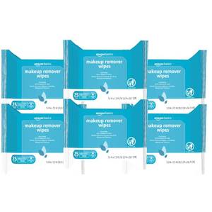 lot 1455 image: Amazon Basics Makeup Remover Wipes, Gentle Cleansing, Dermatologist Tested, Hydrating, Plant Based, Alcohol-Free, Removes Waterproof Mascara, 25 Count Per Pack, Pack of 6