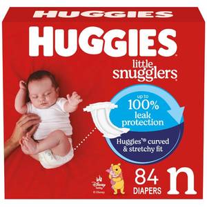 lot 1461 image: Huggies Size Newborn Diapers, Little Snugglers Baby Diapers, Size Newborn (up to 10 lbs), 84 Count, Packaging May Vary