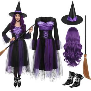 lot 1462 image: Maiteenly Witch Costume Set with Witch Hat, Cosplay Wig, Dress, Broom, Shoe Covers for Women Halloween Dress up(Purple,XL)