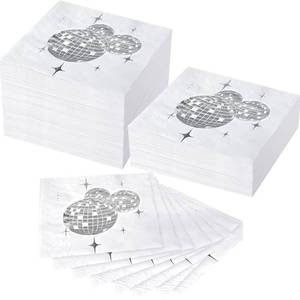 lot 2240 image: Patelai Disco Ball Napkins Party Decoration Disposable Cocktail Napkin with Silver Foil Last Disco Bach 70s 80s 90s Party Supplies for Wedding Birthday, 3 Ply, 5 Inch(Simple,100 Pcs)