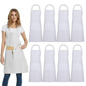 lot 2248 image: DUSKCOVE 8 Pack Bib Aprons Bulk - Unisex White Commercial Apron with 2 Pockets for Kitchen Crafting BBQ Drawing Cooking