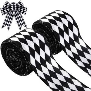 lot 2275 image: 2 Rolls Christmas Checkered Ribbon Black and White Check Ribbon Diamond Check Wired Edge Ribbon Diamond Pattern Decorative Ribbons for Christmas Fall Tree Wrapping DIY Crafts (1.9 Inch)