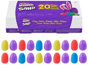 lot 2284 image: Kinetic Sand, 20-Pack Eggs with 3.3lbs Red, Yellow and Blue Play Sand for Egg Hunts, Party Favors and Goodie Bags, Sensory Toys for Kids Ages 3 and up