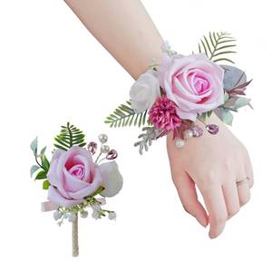 lot 2295 image: BECIEM Pink Corsage and Boutonniere Set, Prom Wedding Homecoming Wrist Corsage Wristlet and Boutonniere Set for Grooms Groomsmen Guest Bridal Bridesmaid Artificial Flower Suit Decoration