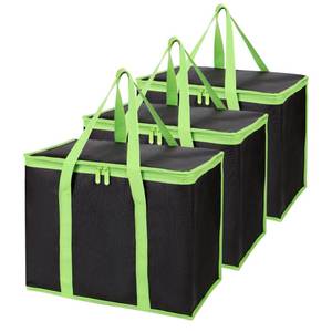 lot 2323 image: Bodaon 3-Pack Insulated Pizza Delivery Bags, X-Large Reusable Grocery Shopping Bags, Black with Green Edge