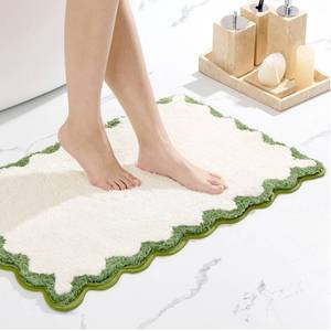 lot 2332 image: ORTIGIA Scalloped Green Bath Mat Non Slip Washable for Bathroom, Quick Dry Absorbent Plush Microfiber Bath Mats, White and Green Bathmat for Bathtub Shower, Floor Carpet for Sink Bedroom, 20x32