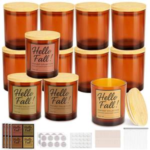 lot 5478 image: CONNOO 12-Pack 10oz Fall Glass Candle Jars with Bamboo Lids, Fall Sticky Labels, and Candle Wick Kit � Thick Glass Jars for DIY Candle Making, Perfect for Autumn Decor and Gifts, Dishwasher Safe